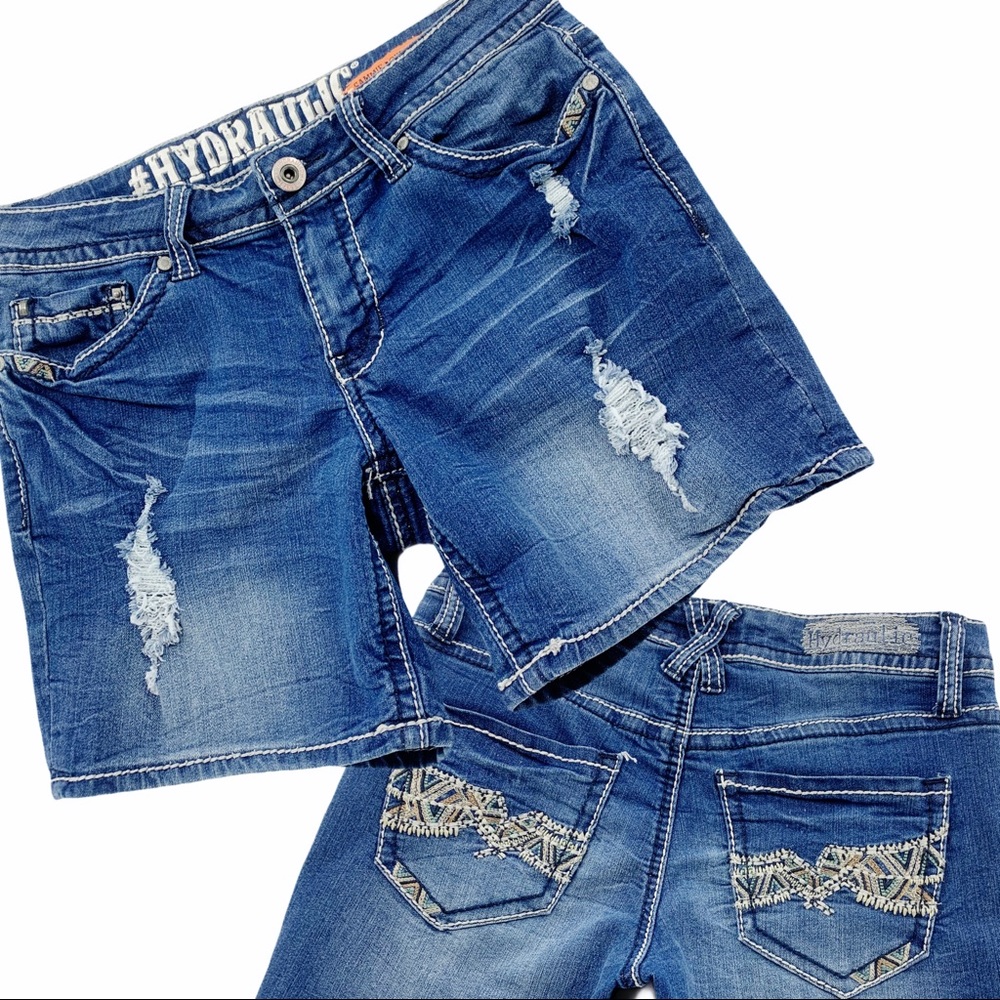 Distressed Denim Stretch Jean Shorts with Embroidered Pockets by Hydraulic